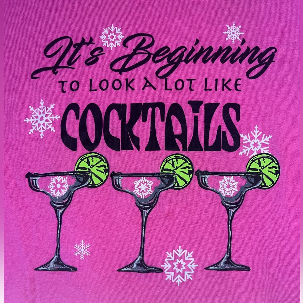 Cocktails & Snowflakes Winter Fun LS Tshirt Pink Woman’s size PM long Kiwi Fresh